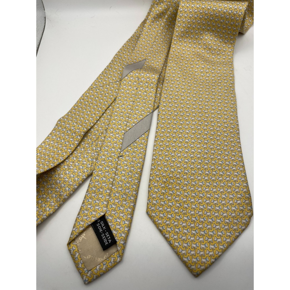 Salvatore Ferragamo Mens Yellow Silk Scottie Dog Animal Print Necktie Italy
